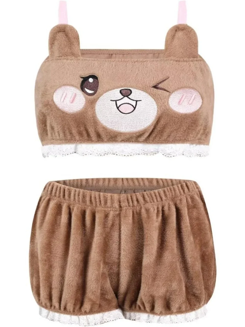 Cozy Kawaii Fluffy Pajama Set for Women - Cute Tank Top & Shorts Sleepwear